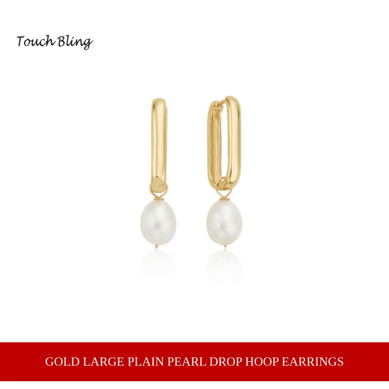Gold Large Plain Pearl Drop Hoop Earrings by@Outfy