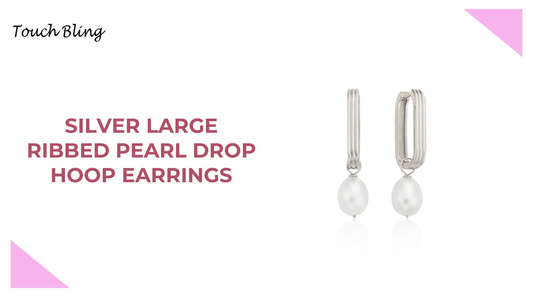 Silver Large Ribbed Pearl Drop Hoop Earrings by@Outfy