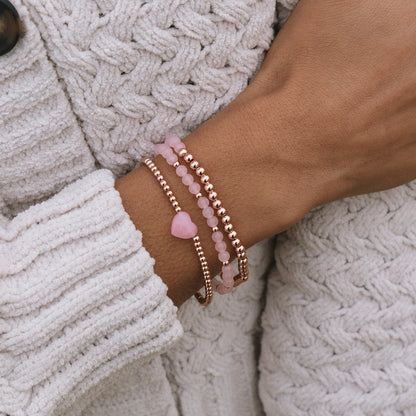 Conjunto de pulseras elásticas de cuarzo rosa con forma de corazón
