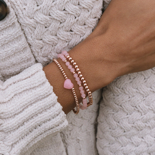 Conjunto de pulseras elásticas de cuarzo rosa con forma de corazón