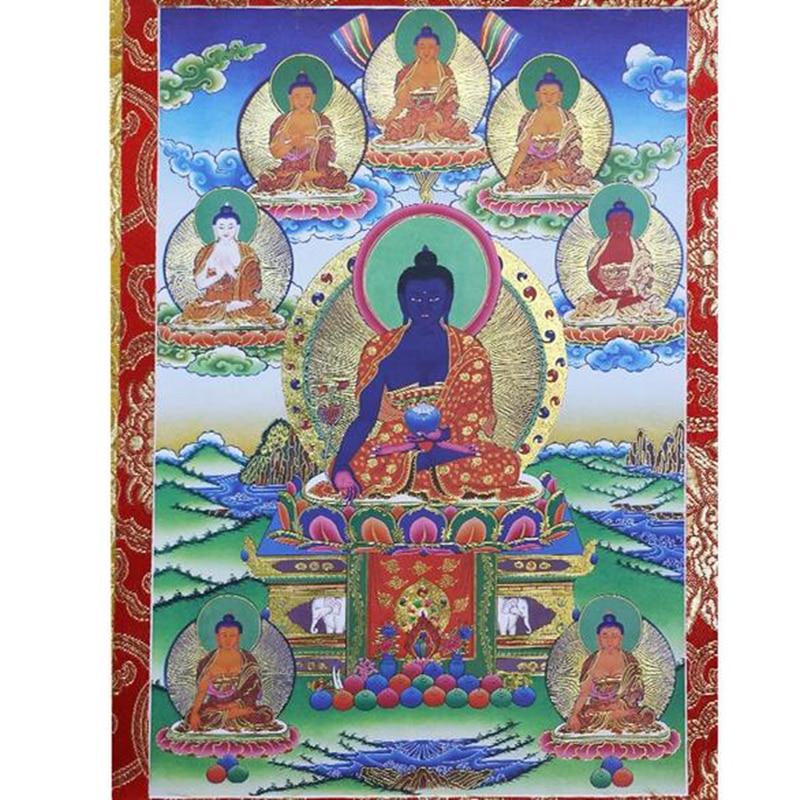 Tibetan Thangka Eight Medicine Buddha Wood Scroll