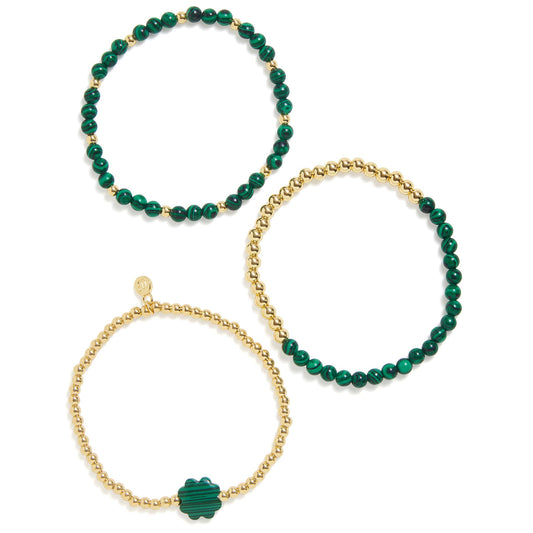 Juego de pulseras elásticas de trébol de malaquita